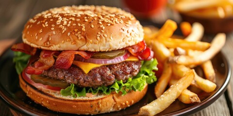 Bacon cheeseburger with french fries on a plate