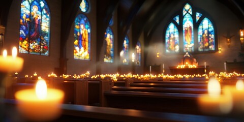 A peaceful church interior with colorful stained glass windows and flickering candlelight 