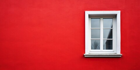 White window on tilted angle of empty red wall facade house