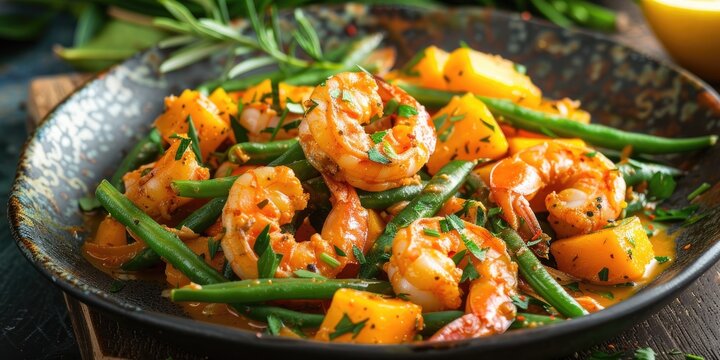 Sauteed Shrimp Squash and String Beans in Coconut Sauce