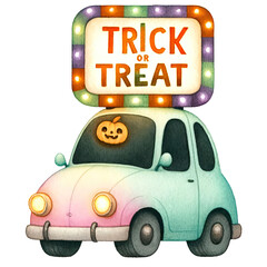 Colorful, retro car with a lit 'Trick or Treat' sign on top, featuring a festive Halloween theme with a pumpkin face on the windshield.