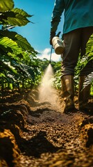 A coffee farmer in boots sprays plants in a vibrant field, showcasing dedication and care in sunny conditions