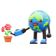 3D Earth character watering flowers, ideal for environmental education and nature themes
