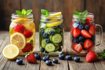 A vibrant display of fresh fruits in glass jars. Each jar showcases colorful combinations. Perfect for summer drinks, healthy recipes and refreshing ideas. Generative AI