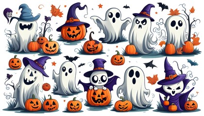 Fototapeta premium A collection of different Halloween ghost cartoon images with different styles and colors