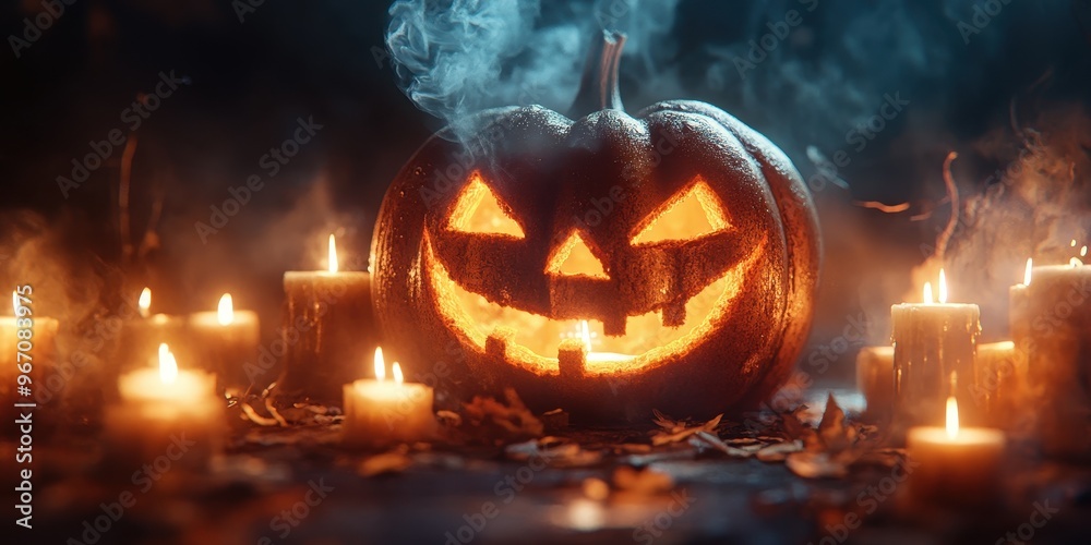 Sticker a smoking jack-o'-lantern surrounded by flickering candles on a dark halloween night