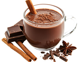 a glass mug of hot chocolate with cinnamon sticks and chocolate bars