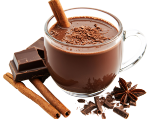 a glass mug of hot chocolate with cinnamon sticks and chocolate bars