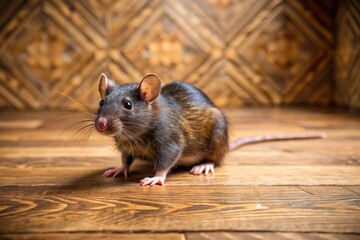 Wide angle shot of a black rat on a wooden patterned floor background