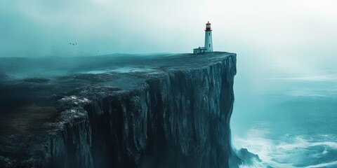 A solitary lighthouse perched on a cliff, overlooking the vast ocean below 