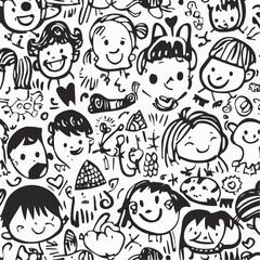 Seamless pattern of happy doodle faces, hearts and flowers in black and white.