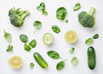 Assorted green vegetables on a white background, flat lay, top view, high-resolution photography