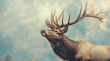 Majestic Elk with Antlers Against Cloudy Sky