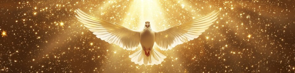 Fototapeta premium Divine Radiance: Majestic White Dove Soaring in Golden Sunlit Sky. Symbolic Panoramic Banner for Faith, Freedom, and Peace. Inspirational 4K Wallpaper for Cultural Campaigns and Spiritual Promotions.