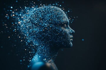 Synaptic transmission neuron response and neural breakdown disintegrating digital human head symbolizing neural decay and technological breakdown in a modern context