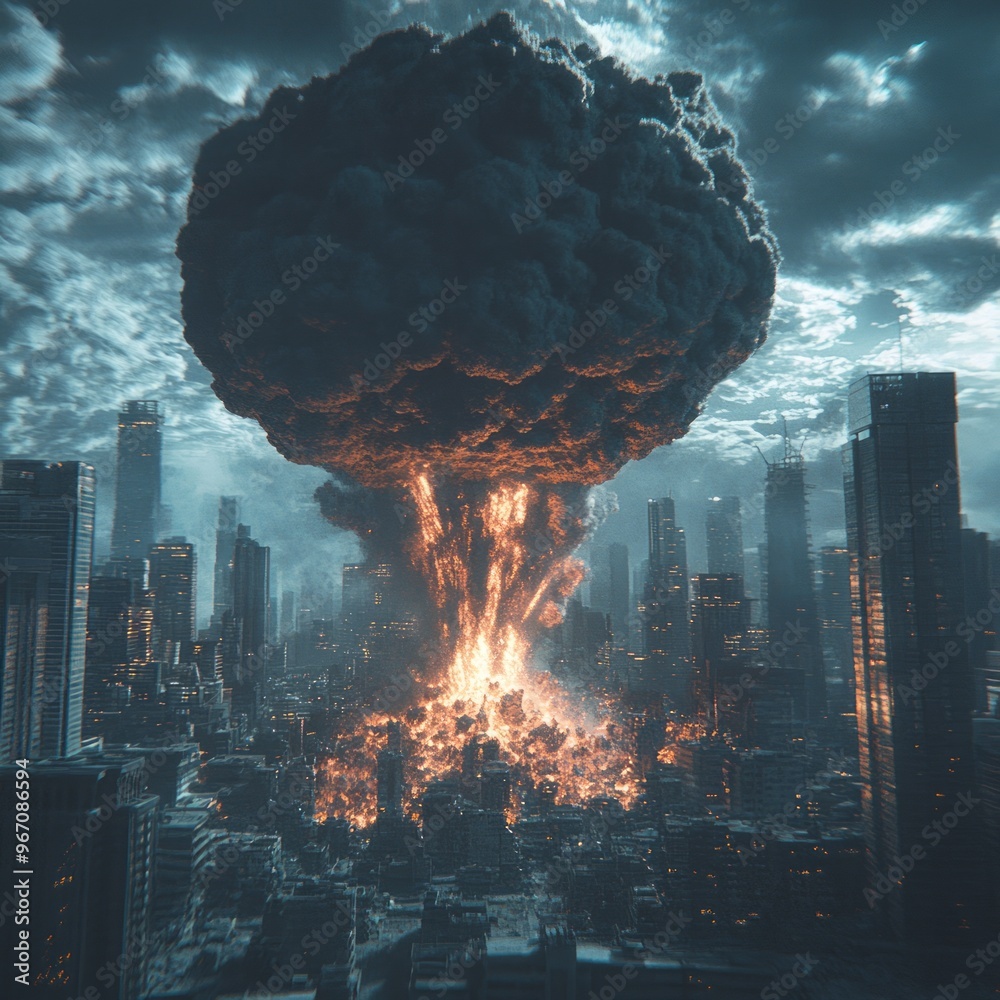 Canvas Prints A massive explosion engulfs a futuristic cityscape, casting a dark cloud over the buildings.