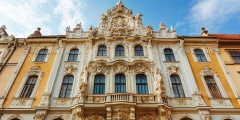 Obraz premium An ornate Baroque building with a highly decorated facade, showcasing detailed craftsmanship 