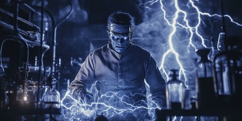 Frankenstein's monster standing in a mad scientistaes lab as lightning sparks around