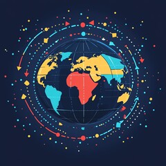 Fototapeta premium Colorful globe illustration with geometric patterns and vibrant colors representing global connections and diversity.