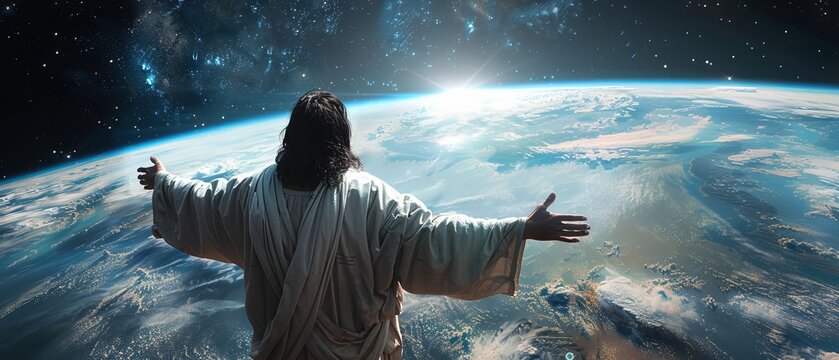 Jesus as the redeemer watching over the earth from space