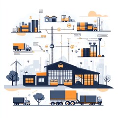 Illustration of a modern logistics center with vehicles, warehouse, and city background. Efficient supply chain and delivery systems.