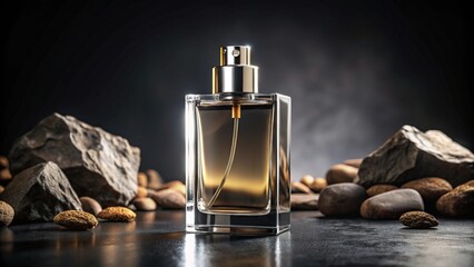 Wide-Angle Mockup of perfume glass packaging on dark background with stones