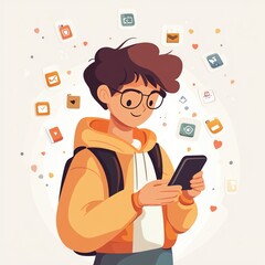 A young person engaged with a smartphone, surrounded by floating app icons, representing connection and modern communication.