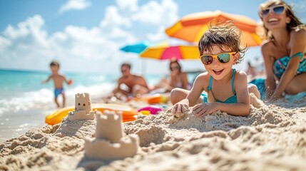 55. A relaxing family beach day with parents and children playing in the sand, building sandcastles, and splashing in the shallow waves, with bright umbrellas and beach toys scattered around