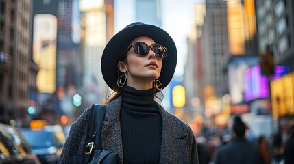 1. A stylish urban fashionista walking down a bustling city street, wearing a chic outfit with bold accessories, the vibrant cityscape in the background adding to the cosmopolitan vibe