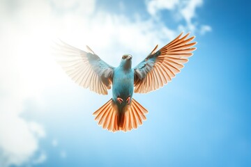 Obraz premium A dove soars gracefully against a backdrop of brilliant blue skies and white clouds, its wings outstretched in a symbol of peace, hope, and spiritual freedom.