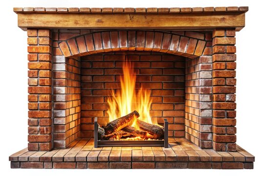 Wide-angle shot of fire in brick fireplace