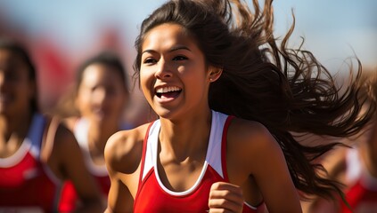 Female athlete running in track and field event, smiling with determination and energy. Concept of sports, fitness, competition, and endurance.