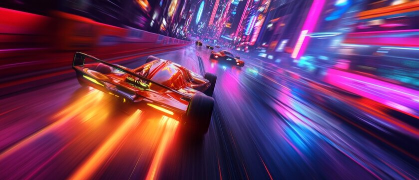 A car is racing down a track with neon lights in the background