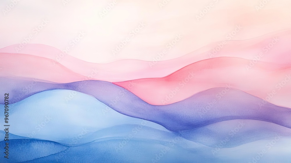 Poster Elegant abstract watercolor waves in soft pink and blue hues create a serene and calming background for various designs.