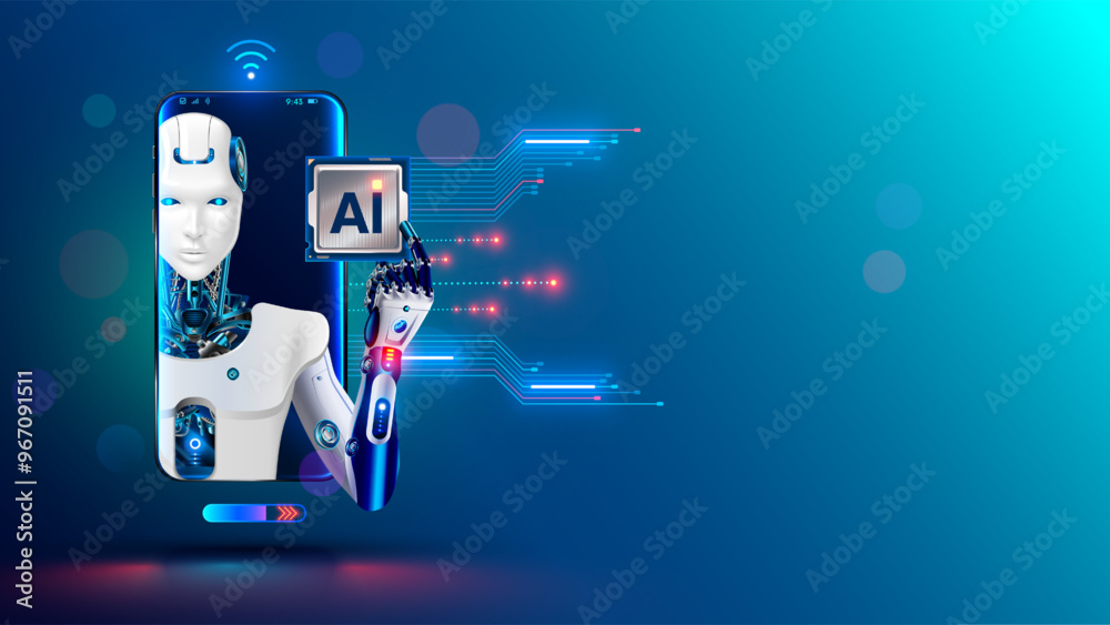 Poster Phone with AI, artificial intelligence electronic chip. Robot on screen phone show AI chip in hand. CPU chip with AI in phone. Artificial intelligence technology in smartphone. Chatbot in smartphone.