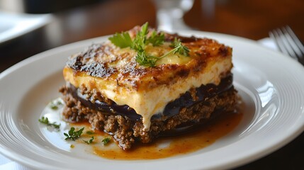 34. A plate of traditional Greek moussaka with layers of eggplant, ground beef, and bechamel sauce