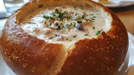 39. A bowl of rich and creamy clam chowder served in a sourdough bread bowl