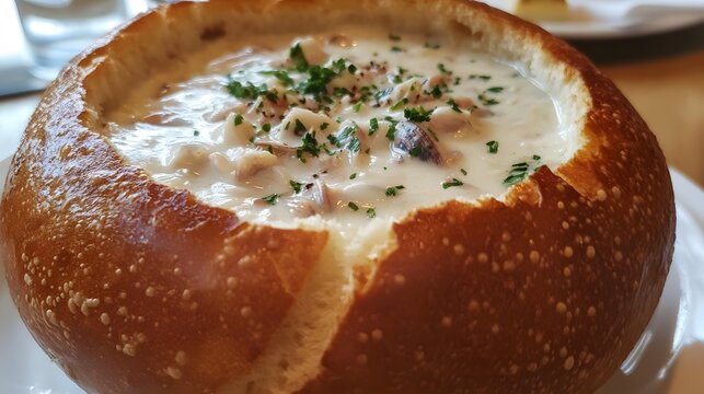 39. A bowl of rich and creamy clam chowder served in a sourdough bread bowl
