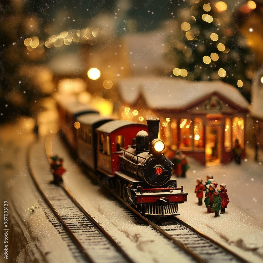 Canvas Prints A miniature train pulling into a snowy station with people waiting for the arrival under a Christmas tree.