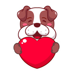Cute Bulldog Holding Love Cartoon Vector Illustration. Adorable Kawaii Animal Character Icon Mascot Concept Design. Isolated White Background.