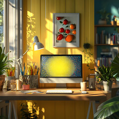 Bright and Sunny Home Office with Yellow Walls and Plants