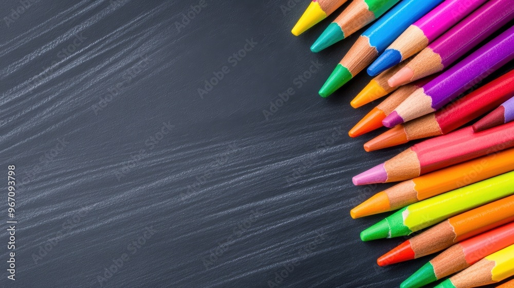 Wall mural A row of colored pencils on a blackboard with copy space, AI