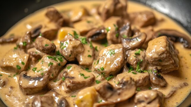 46. A serving of classic beef stroganoff with tender beef and mushrooms in a creamy sauce