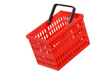 Fototapeta premium 3D Red Shopping basket icon isolated on purple background. Online Shopping Concept, E-Commerce logistic delivery Concept. Minimal Empty red shopping basket plastic icon creative design. 3d render.