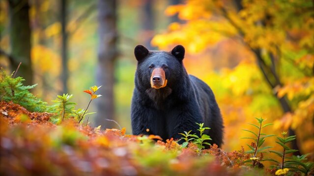 Wildlife scene of a black bear in the autumn forest, high angle view