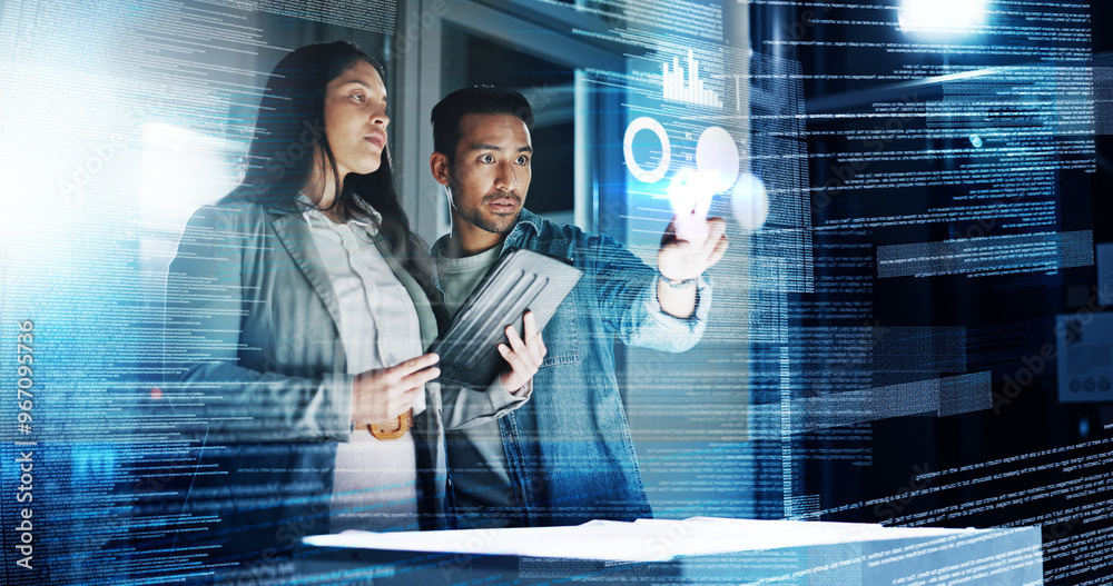 Aufkleber Dark office, man and woman with data overlay, tablet and digital code for system management in crypto trading. Future technology, dashboard and team with cyber stocks hologram, analytics and research