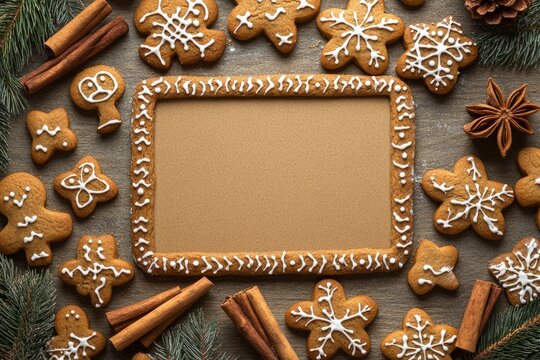 Decorated gingerbread cookies and cinnamon sticks on wooden background