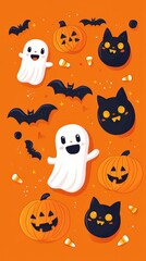 Fototapeta premium Brightly colored Halloween vectors showcase cheerful ghosts, playful black cats, spooky bats, and festive pumpkins, perfect for seasonal designs
