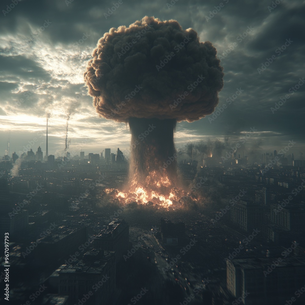 Canvas Prints A mushroom cloud billows over a city skyline, a grim reminder of the destructive power of nuclear weapons.