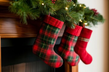 Red and Green Plaid Christmas Stockings Hanging from a Fireplace Mantel
